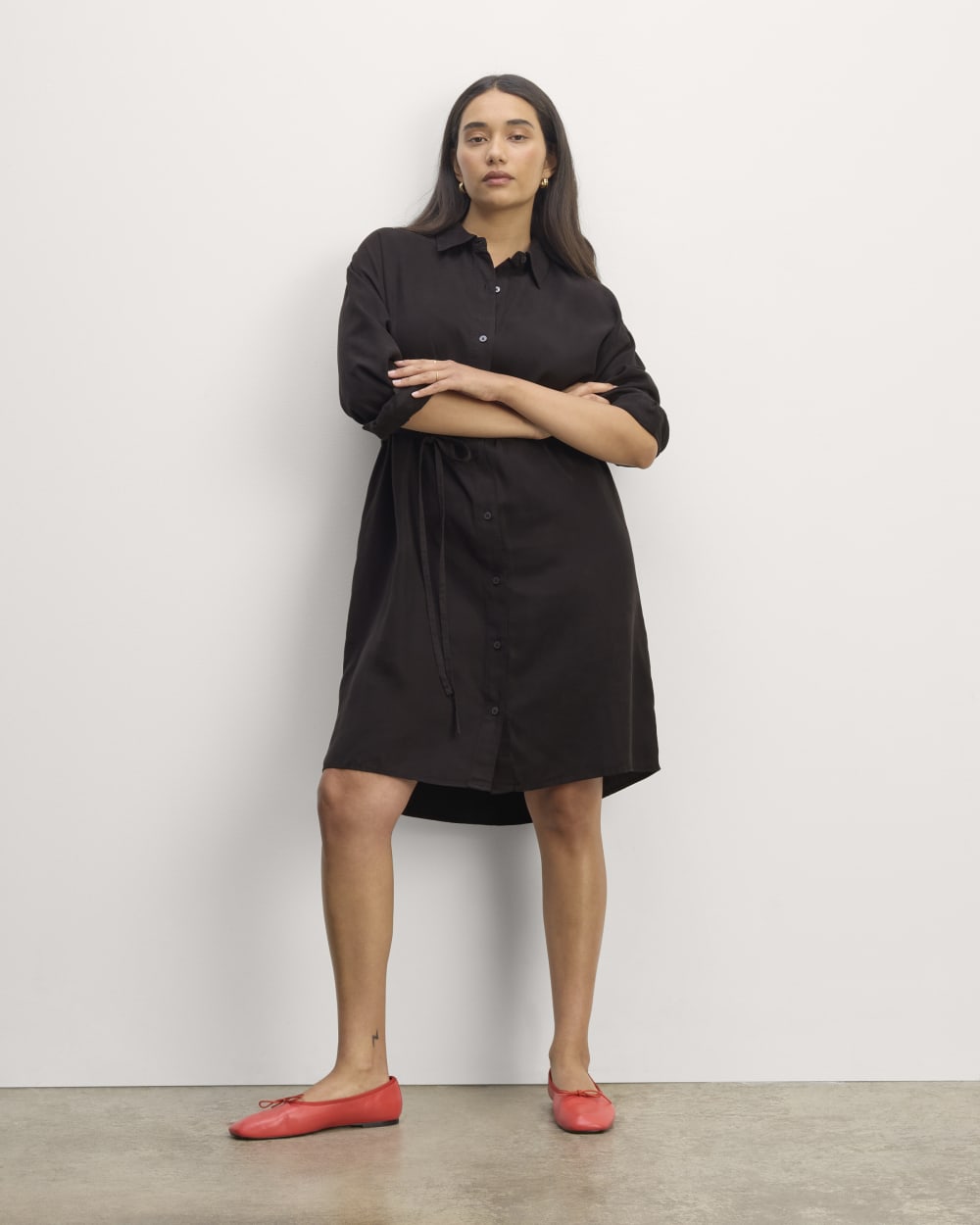 The Must-Have Shirtdress in Butterlite in Black — front view