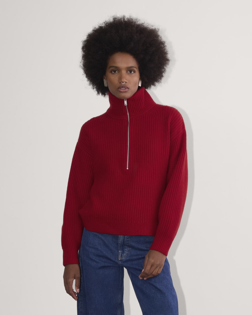 The Half-Zip Sweater in Luxe Merino in Berry Red — front view