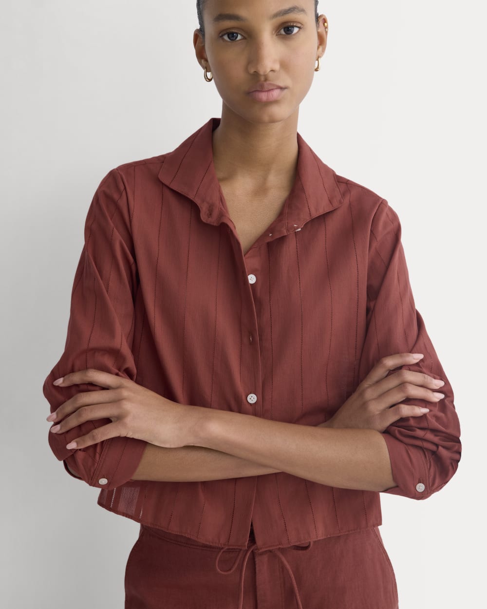 Textured Mini Collar Shirt in Henna Red — detail view