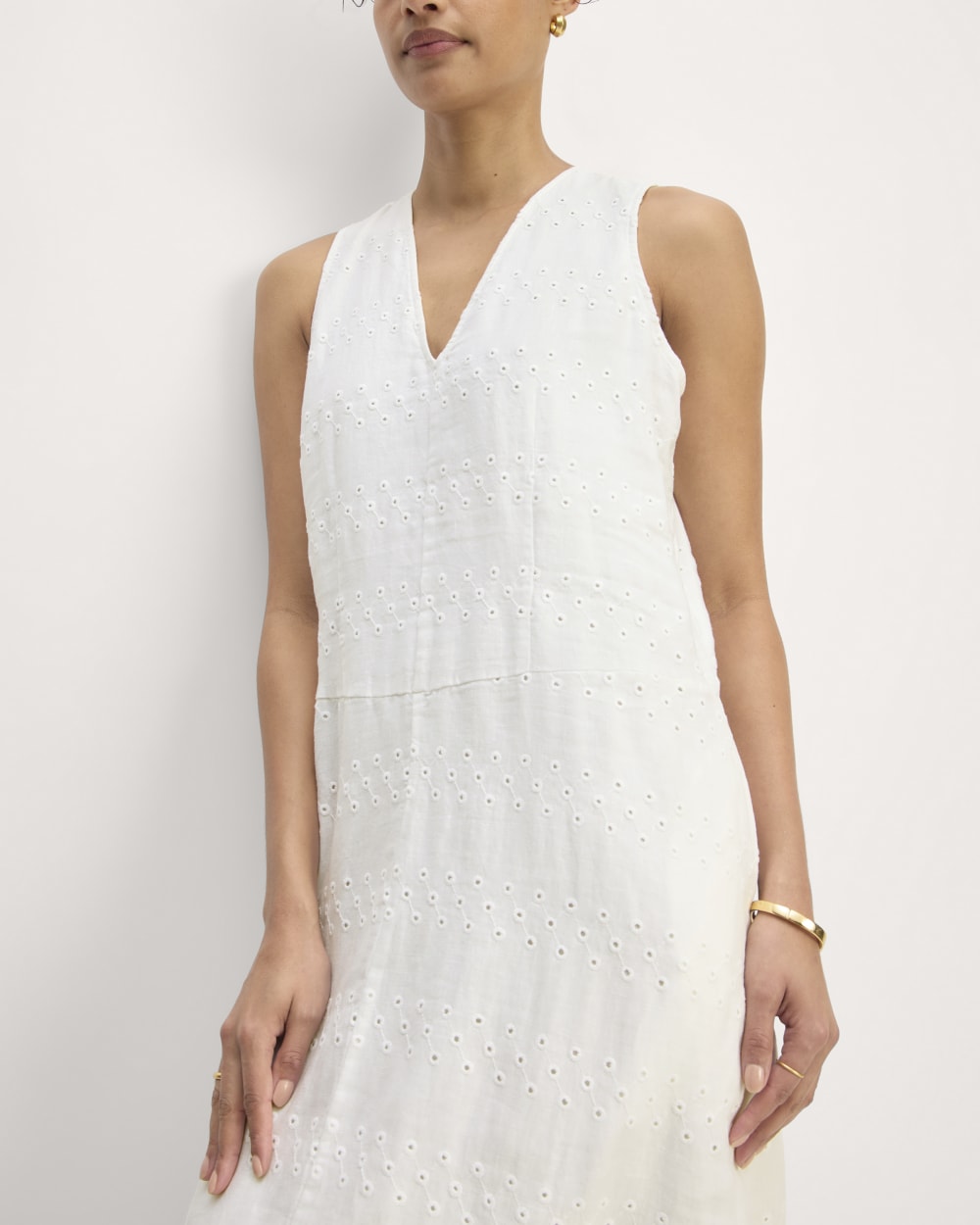 The Linen Eyelet Maxi Dress in White Eyelet — detail view
