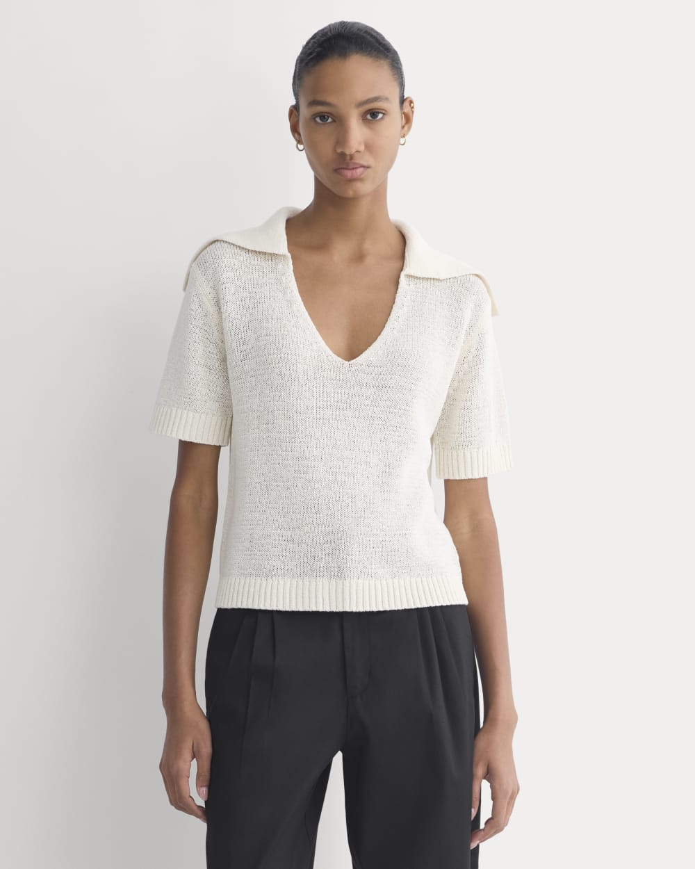 Open Collar Polo in Bone — front view