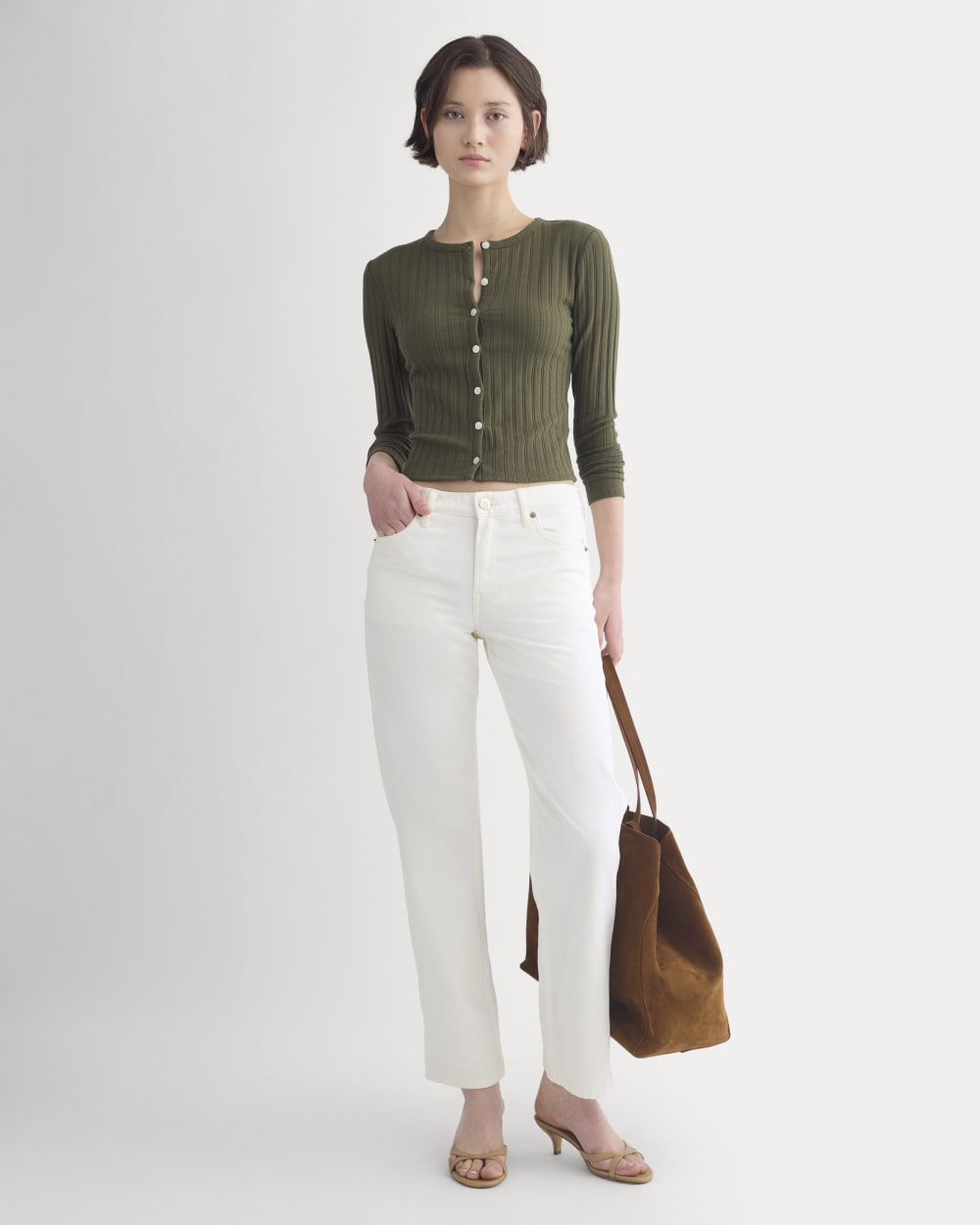 Cardigan in Pointelle in Olive Night — detail view
