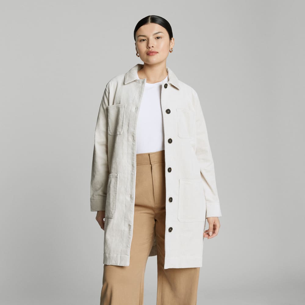 The Corduroy Long Shirt Jacket in Sandstone — front view