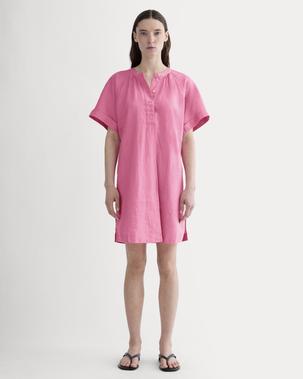 The Popover Dress in Linen in Deep Pink — front view