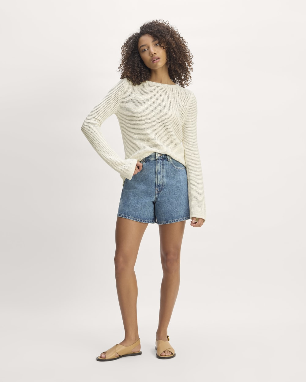 The Organic Cotton Open-Stitch Crew in Bone — detail view