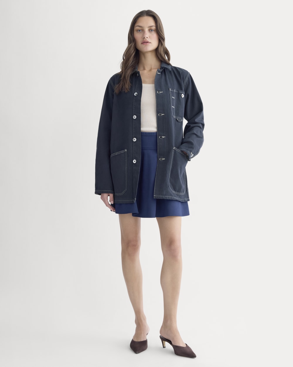 The Denim Chore Jacket in Garment-Dyed Navy — detail view