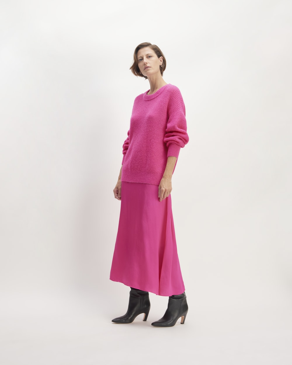 The Hammered Satin Slip Skirt in Fuchsia Pink — front view