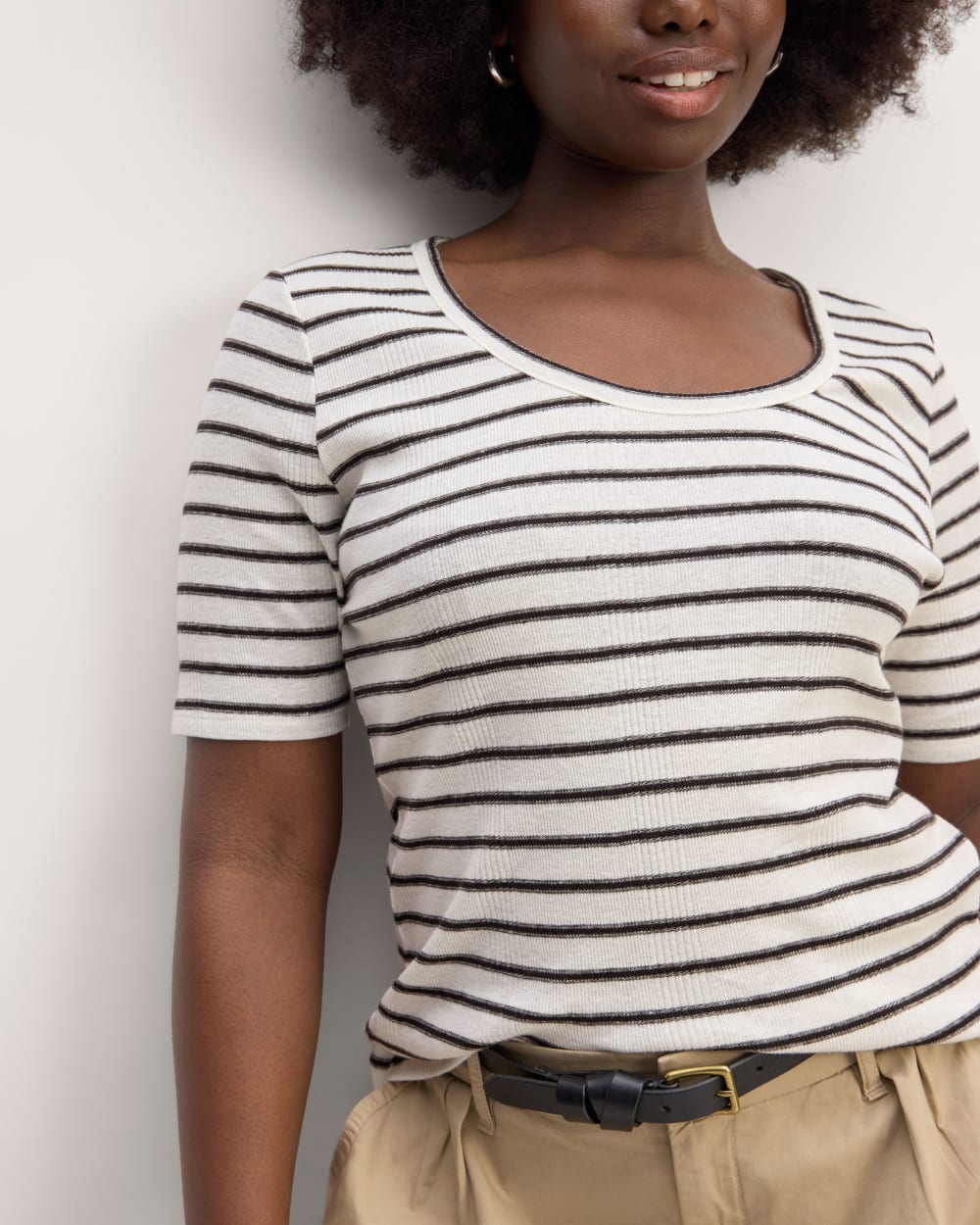 The Vintage Rib Scoop-Neck Top in Bone / Black — detail view