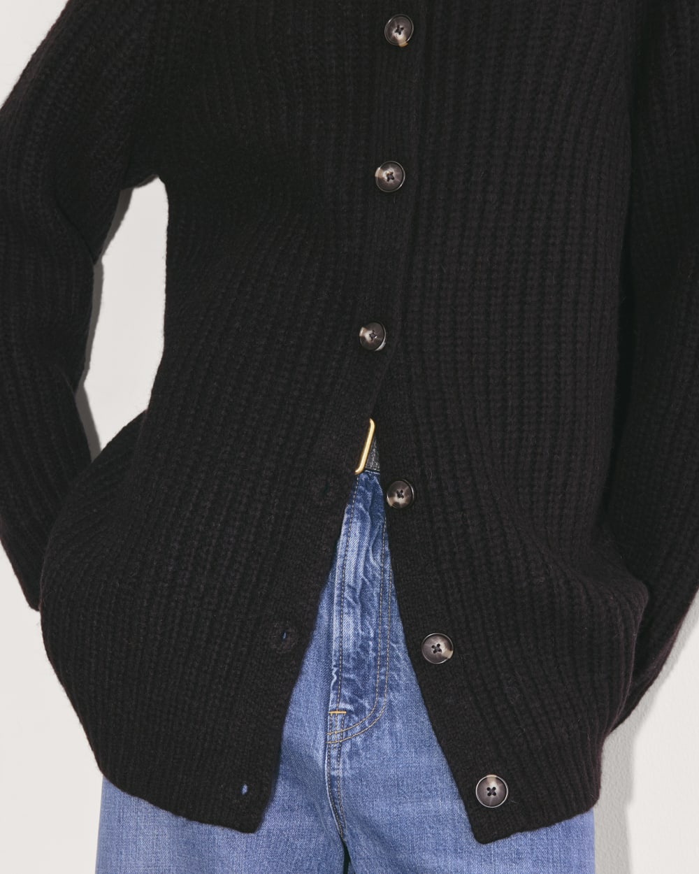 The Fisherman Cardigan in Cloud in Black — detail view
