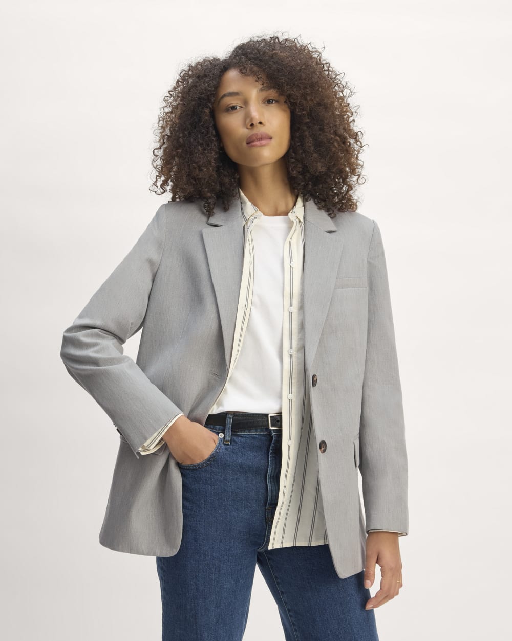 The Oversized Blazer in Buttersmooth in Heather Steel — front view
