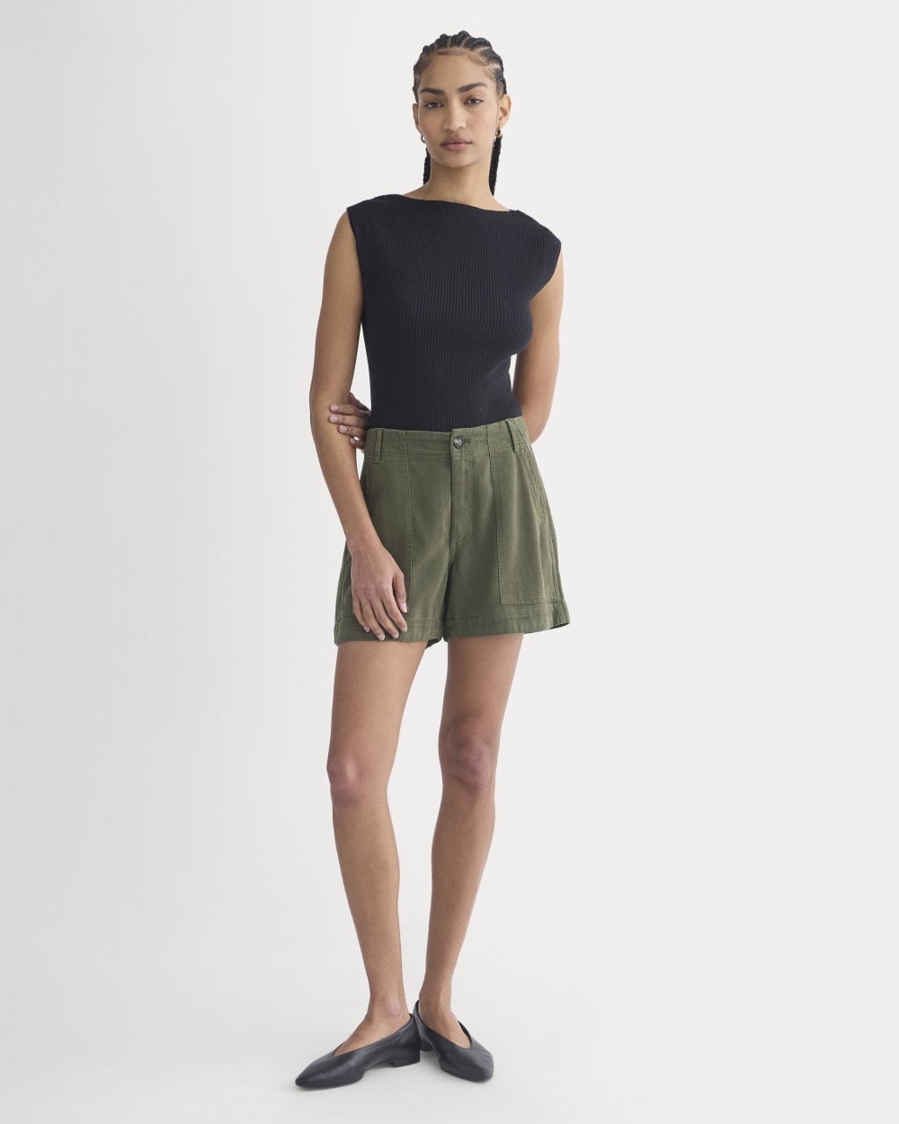 The Utility Short in Buttersoft in Olive Night — detail view