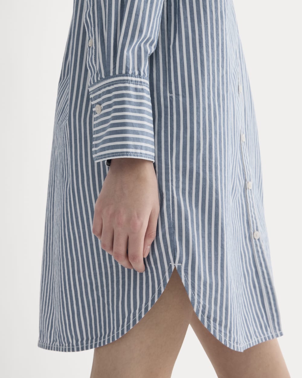 The Relaxed Shirt Dress in Ultrasoft Cotton in Bone / Mazarine Blue — detail view