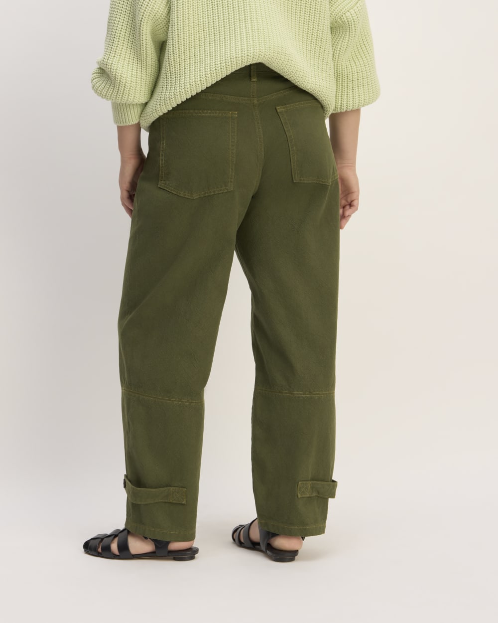 The Everlane x Marques' Almeida Canvas Oversized Barrel Pant in Deep Moss Green — detail view