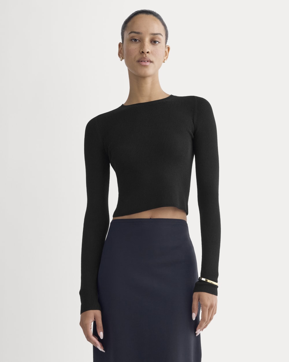 The Cropped Crew Top in Ultrafine Merino in Black — front view