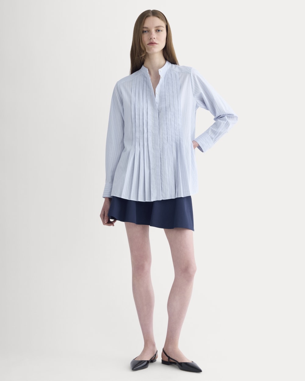 The Pleated Shirt in Silky Cotton in Forever Blue / Optic White — detail view