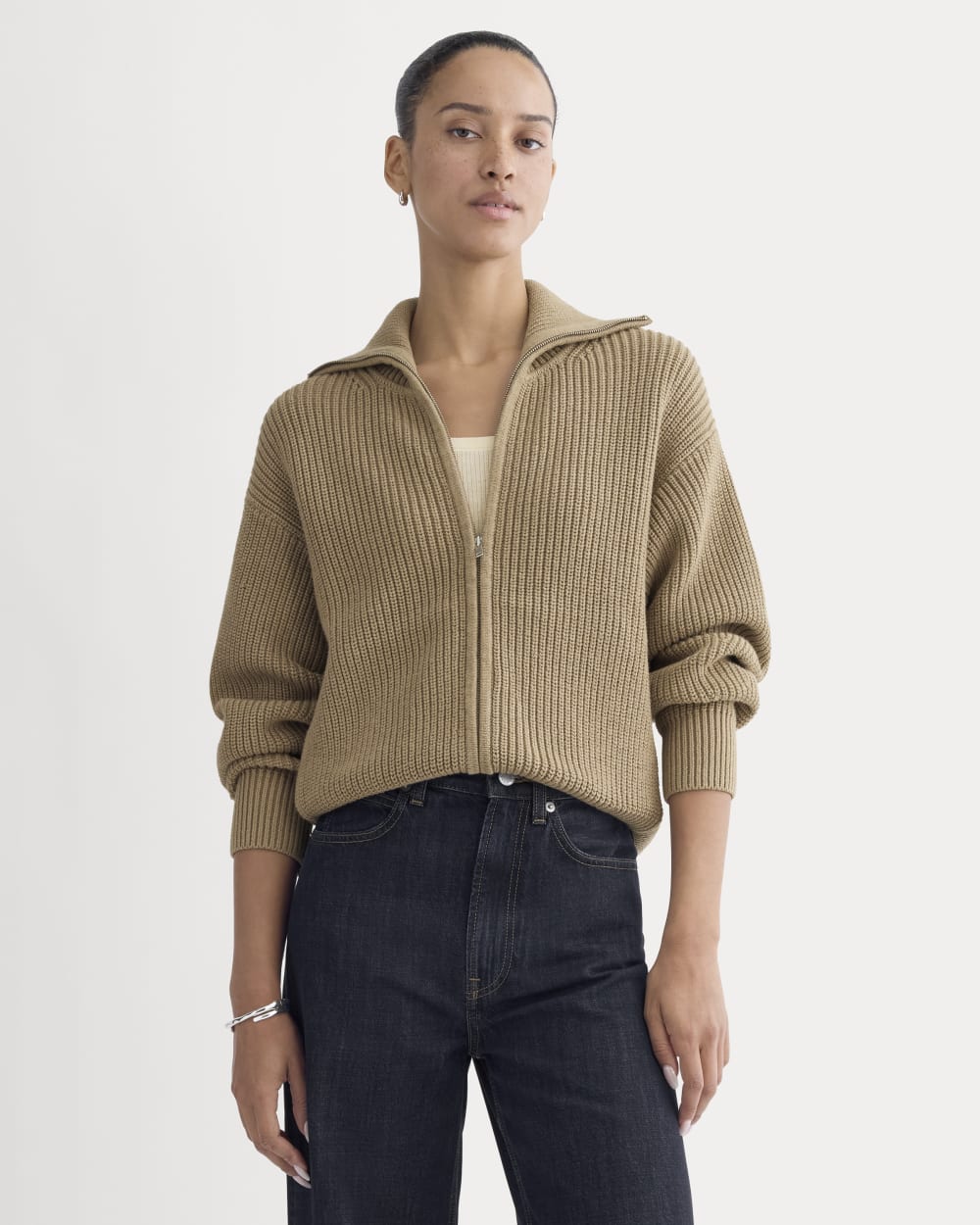 The Full-Zip Sweater in Everyday Cotton in Dark Heathered Camel — front view