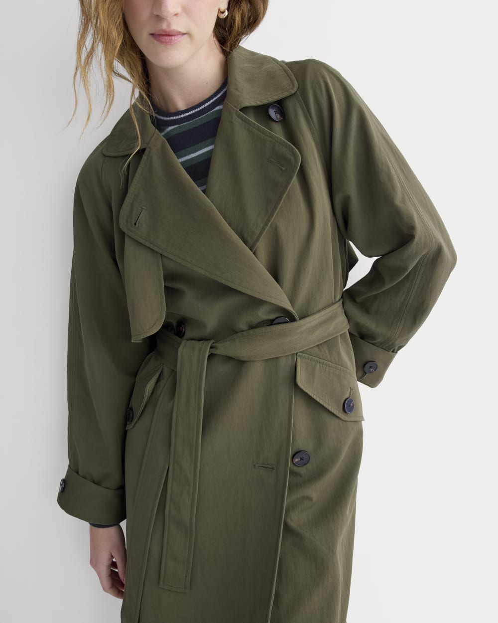 Drapey Twill Trench in Olive Night — detail view