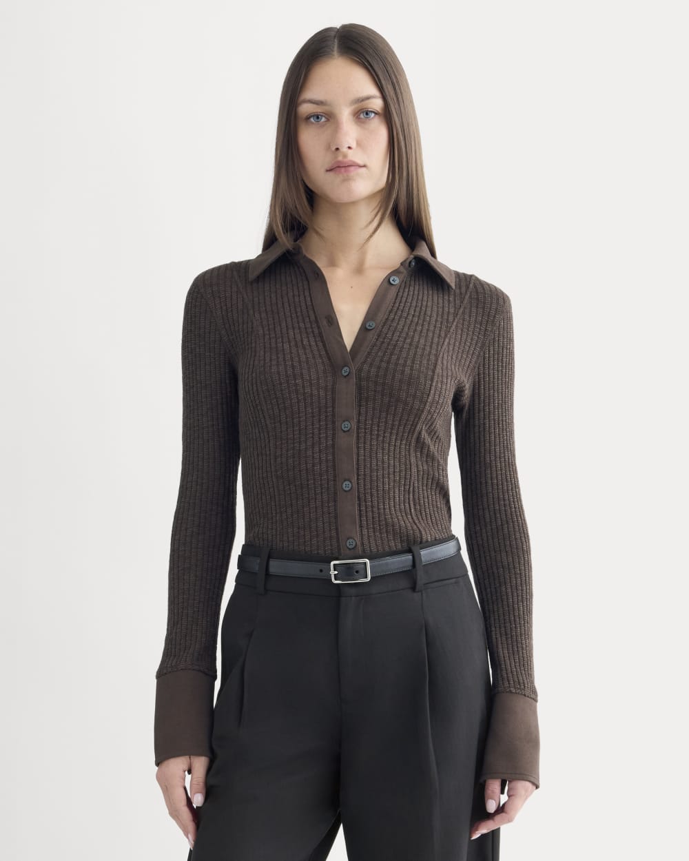 Cozy Rib Button-Up in Coffee Bean — front view