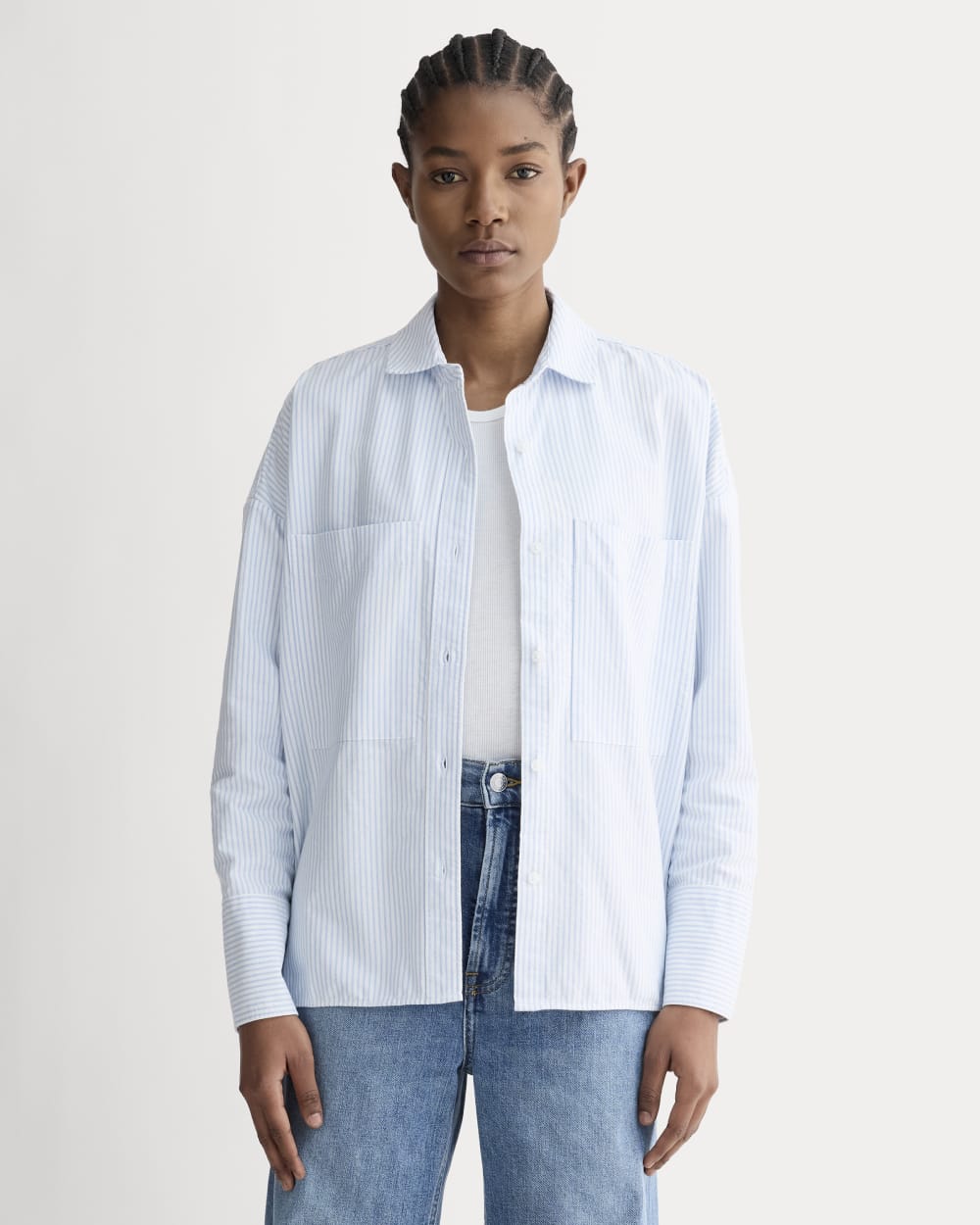 The Boxy Oxford in White / Blue — front view
