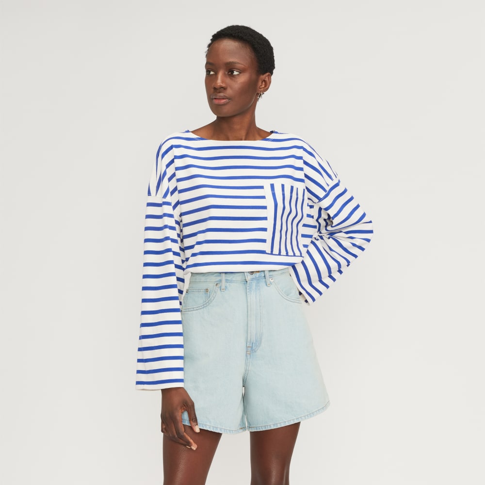 The Premium Weight Oversized Pocket Tee in Canvas Tan / Mazarine Blue — front view