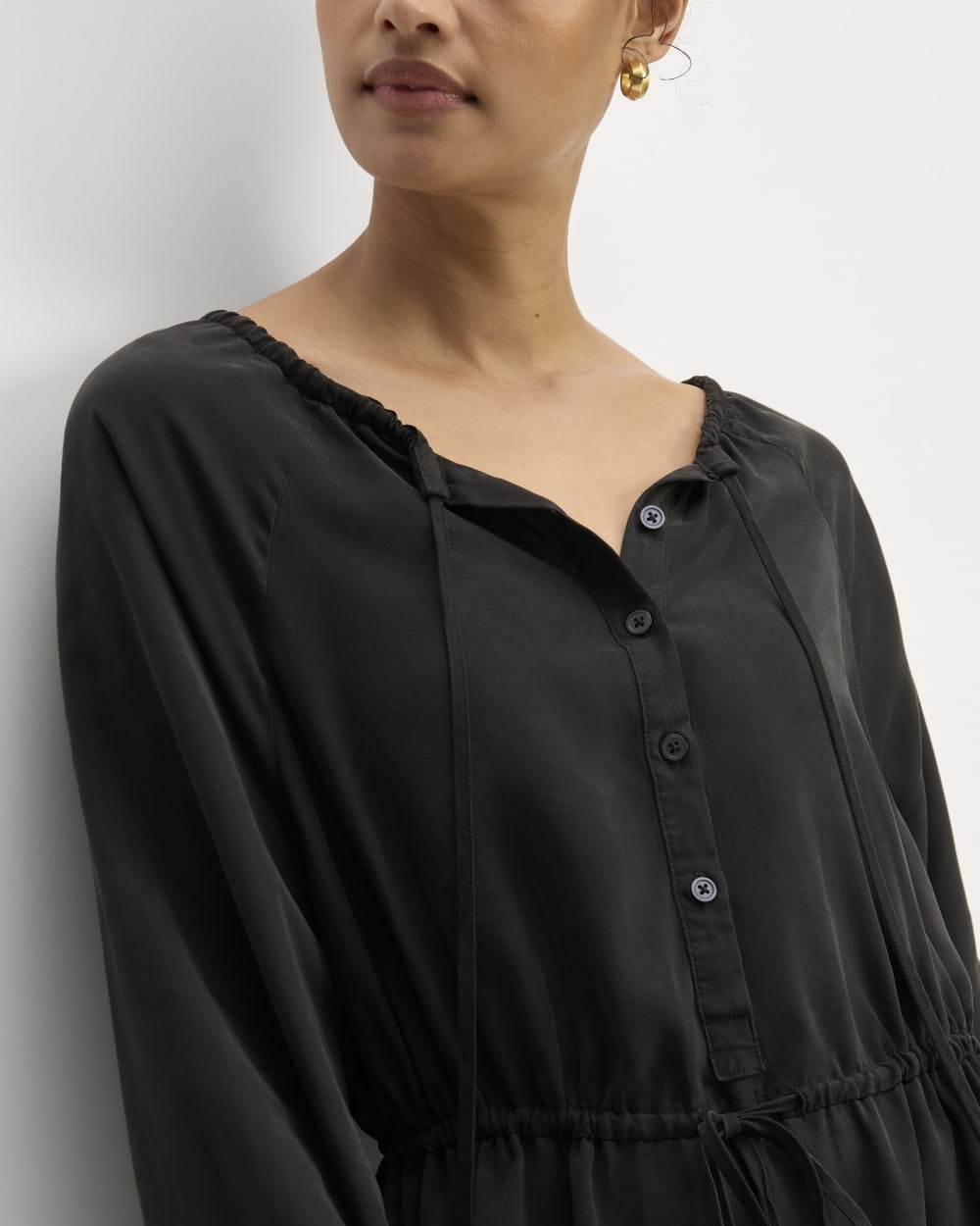 The TENCEL™ Gathered Maxi Dress in Black — detail view