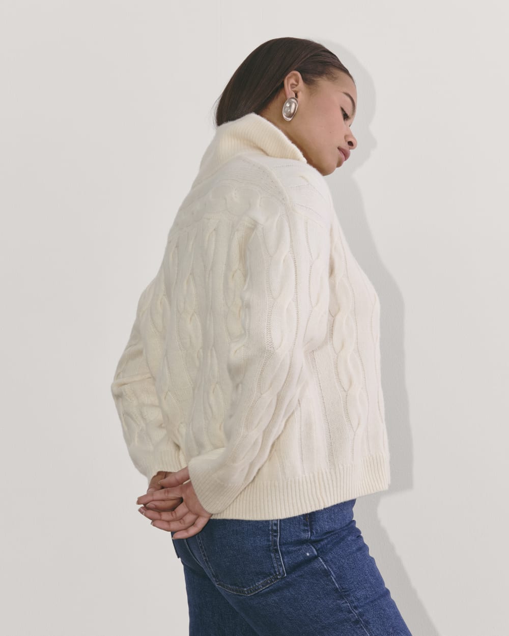 The Cable Half-Zip in Luxe Merino in Bone — detail view