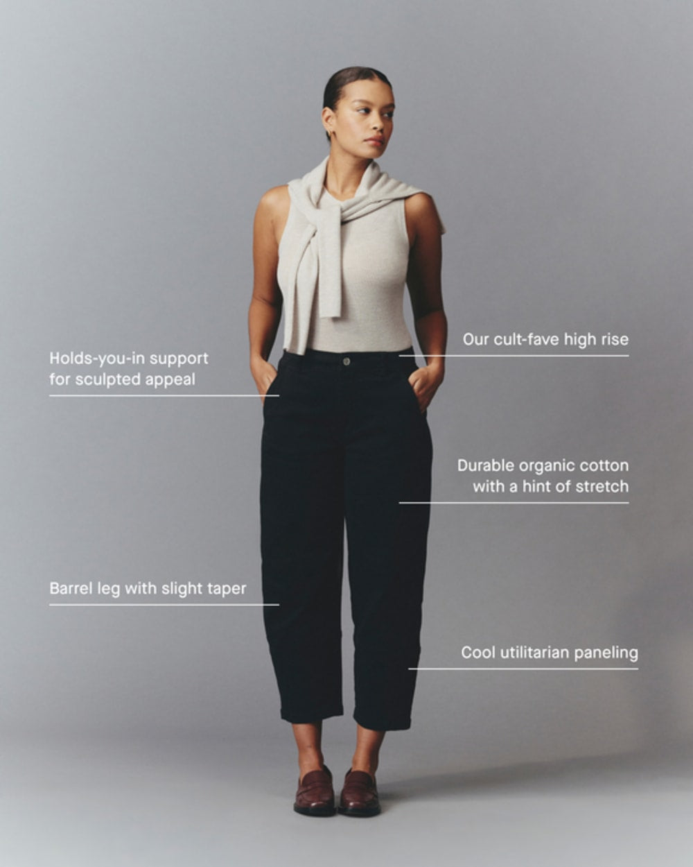 The Utility Barrel Pant in Dark Moss — detail view