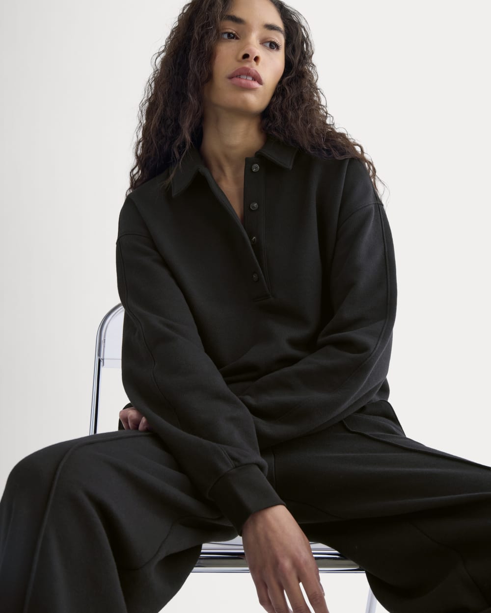 Lightweight Terry Polo Sweatshirt in Black — front view