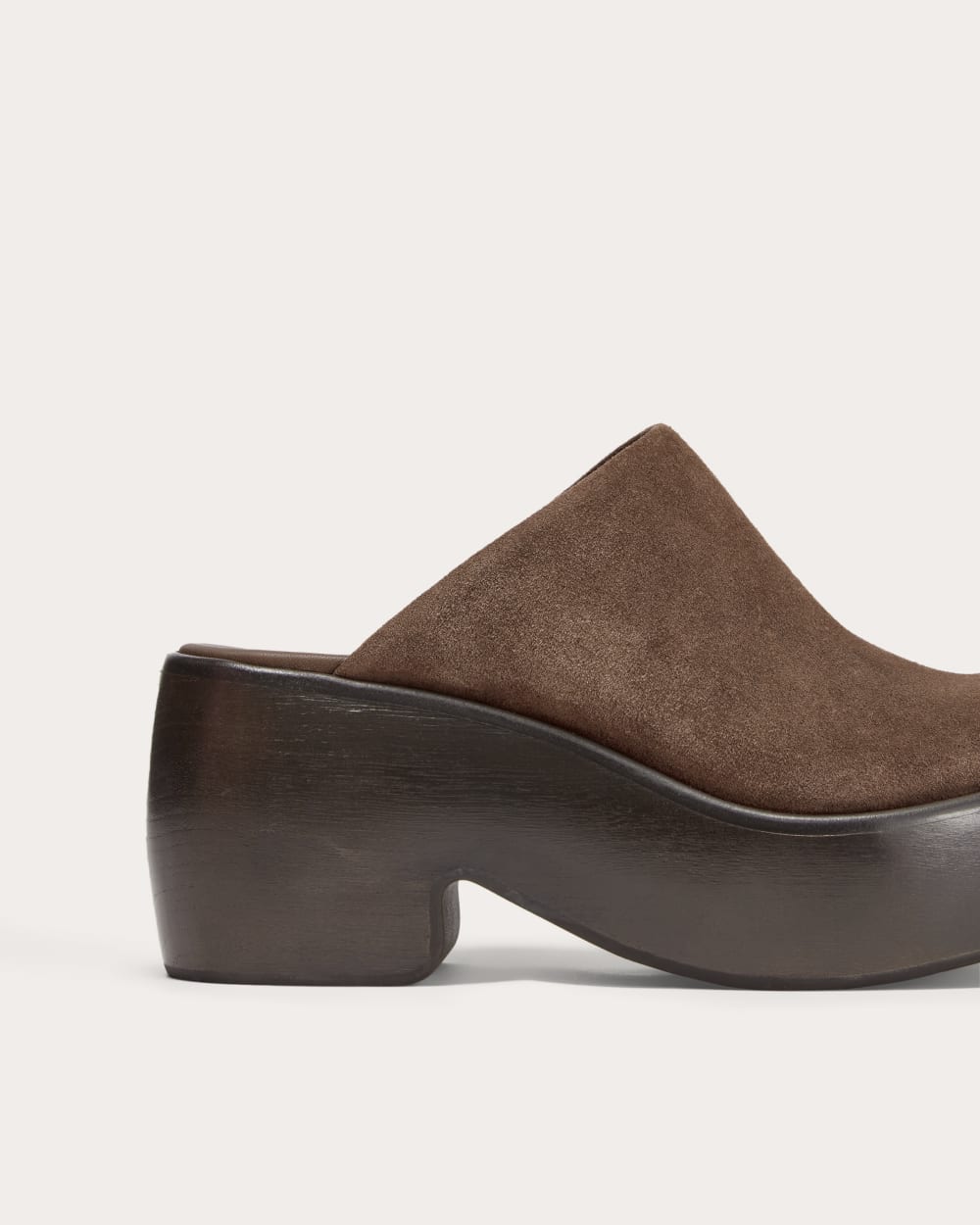 The Wooden Puffa Clog in Dark Umber Suede — detail view