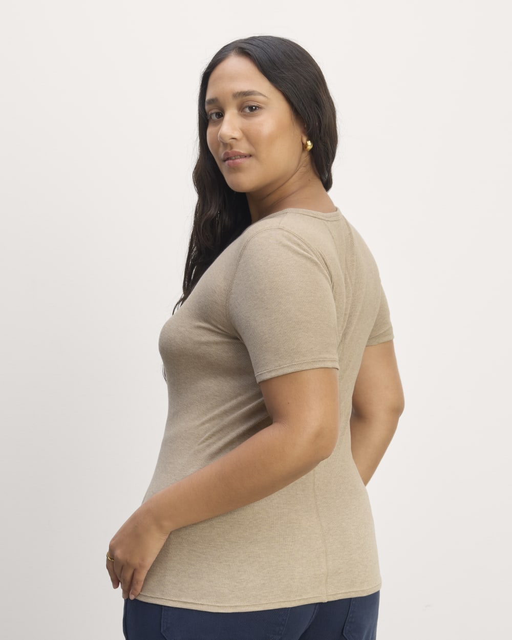 The Luxe Rib Crew in Heathered Tan — detail view