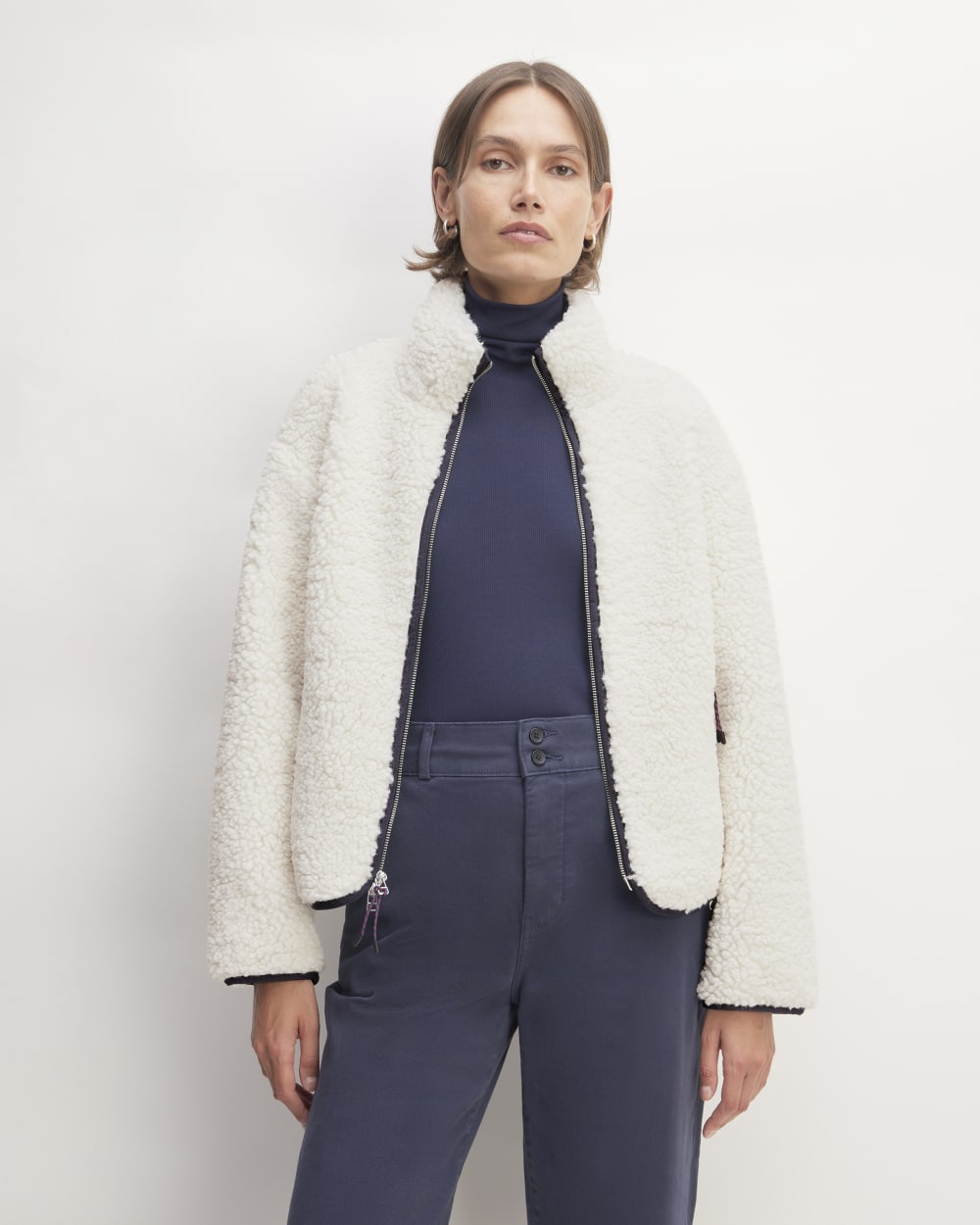The ReNew Fleece Full Zip in Bone — front view