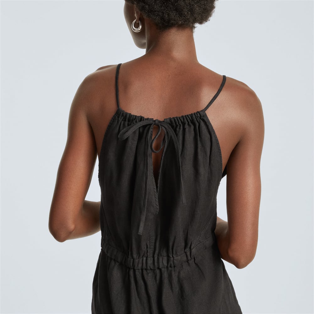 The Linen Shoestring Jumpsuit in Black — detail view