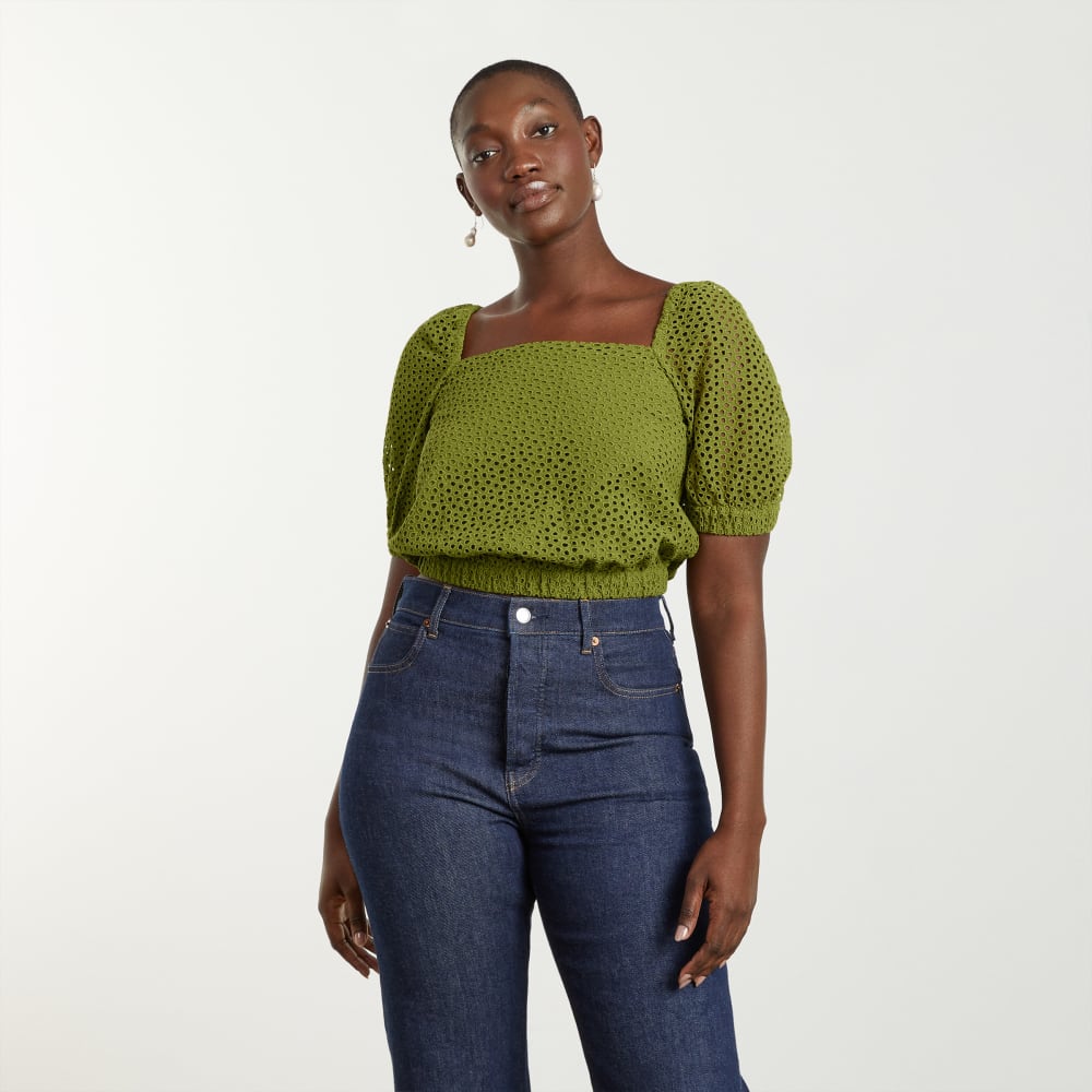 The Eyelet Puff Sleeve Top in Moss — detail view