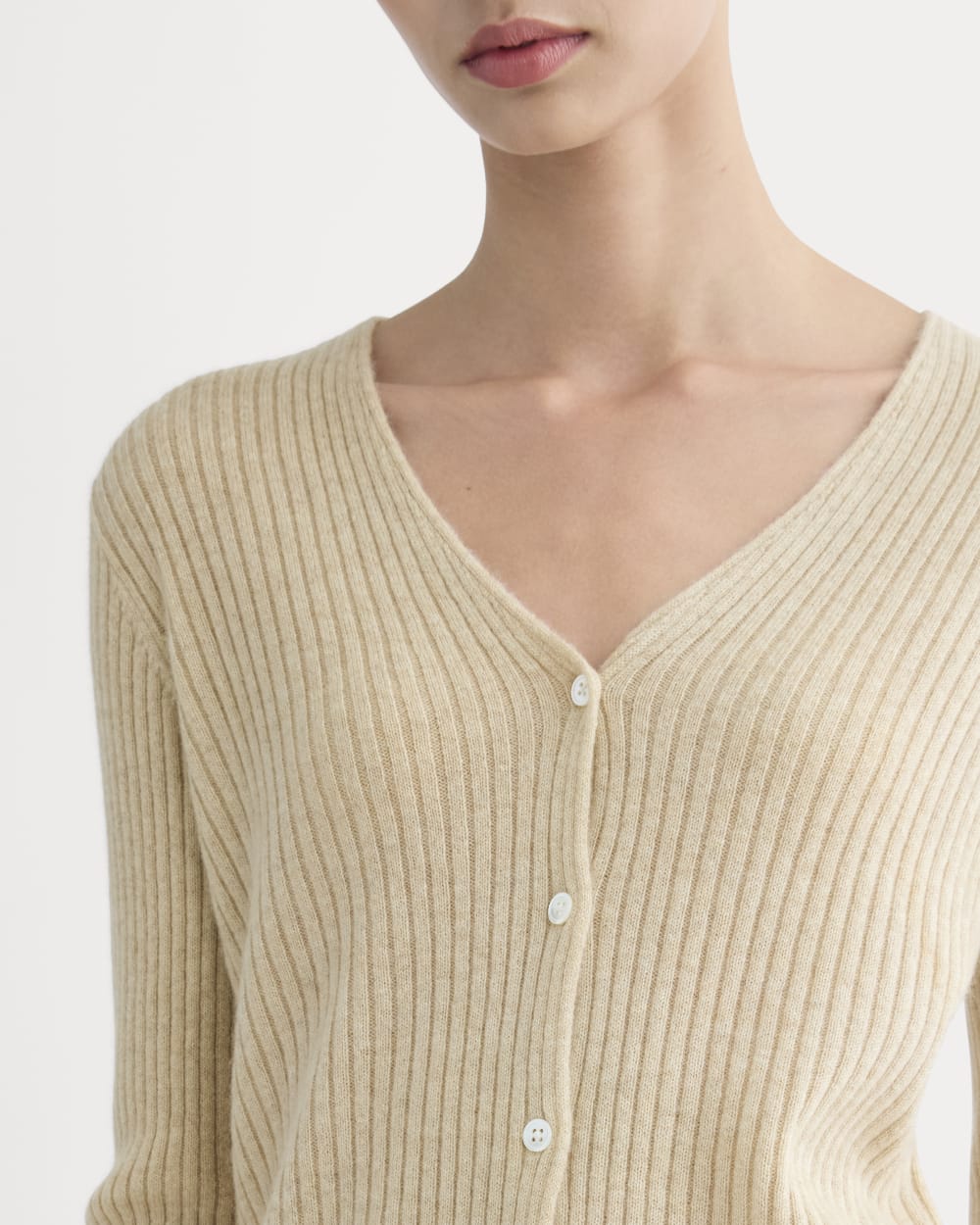 Cashmere Ribbed V-Neck Cardigan in Heather Light Camel — detail view