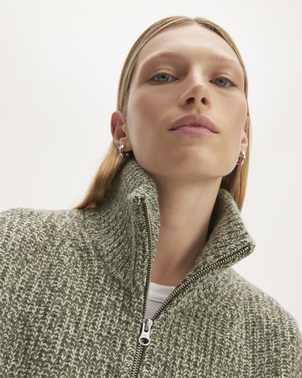 The Half-Zip Sweater in Luxe Merino in Seafoam Green / Kambaba Twist — detail view