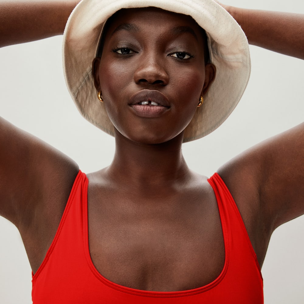 The Square-Neck One-Piece in Bright Red — detail view