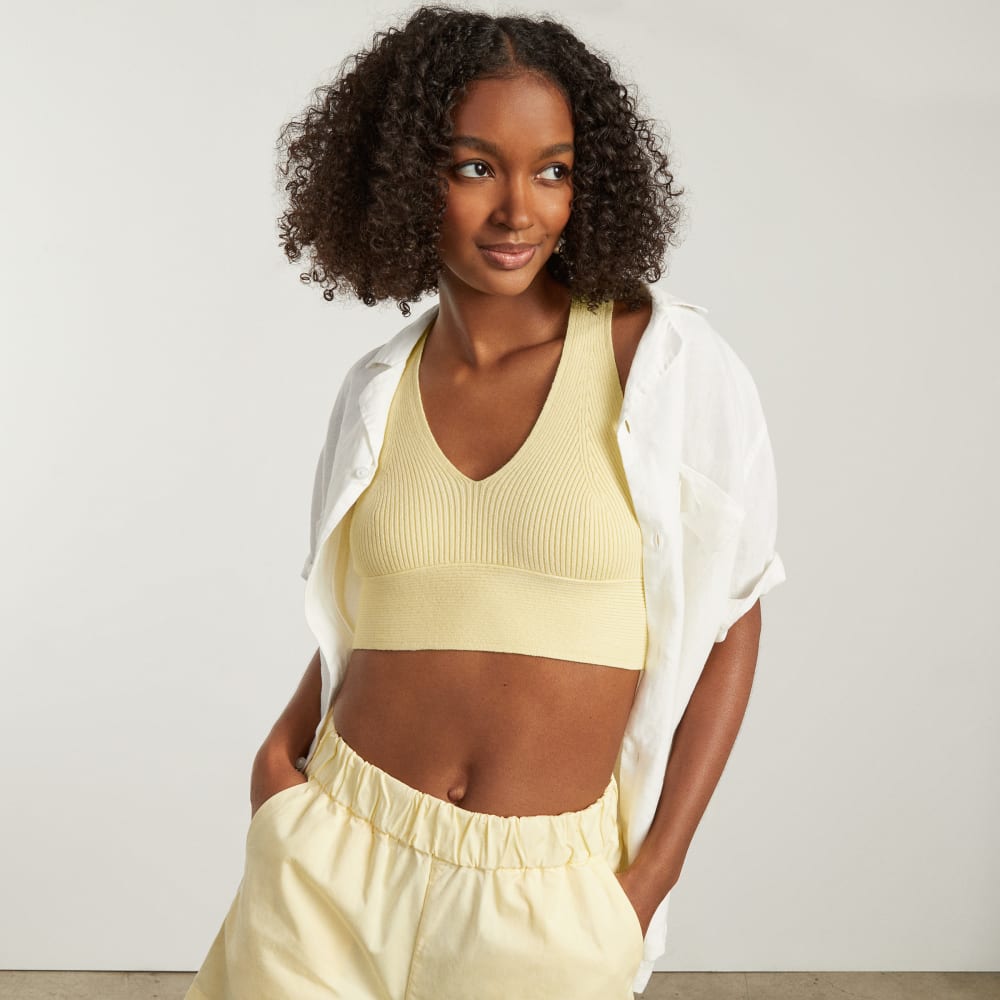 The Cross-Back Cropped Sweater Top in Pastel Yellow — detail view