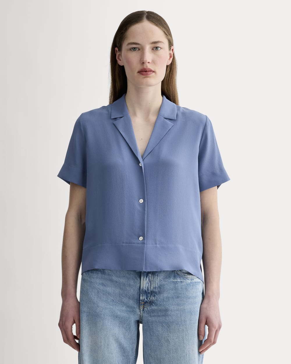 The Notch Shirt in Washable Silk in French Blue — front view