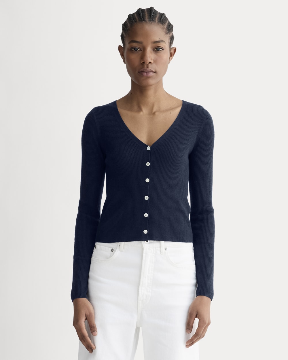 The Cardigan in Ultrasoft Merino in Navy — front view