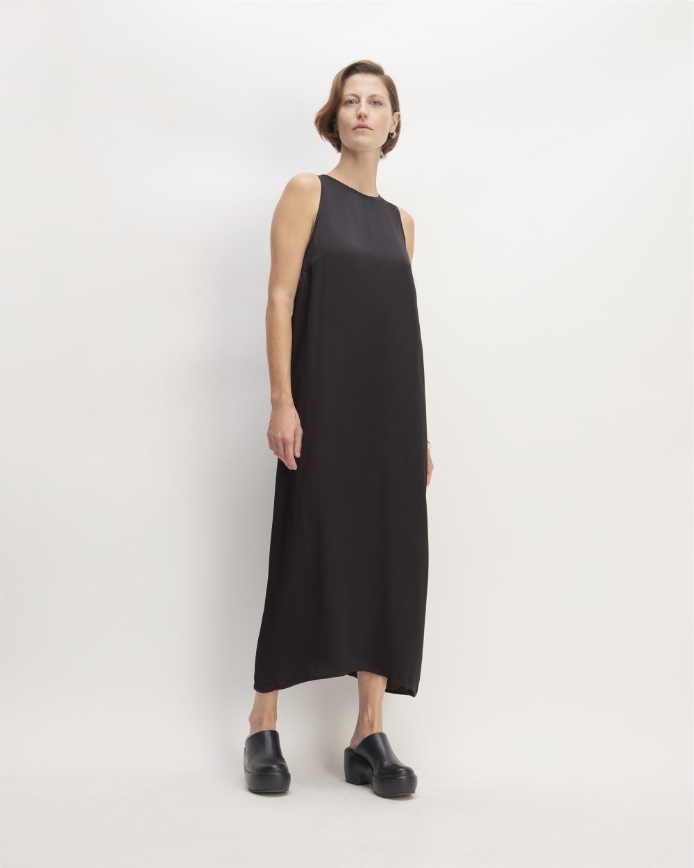 The Satin Racerback Slip Dress in Black — front view