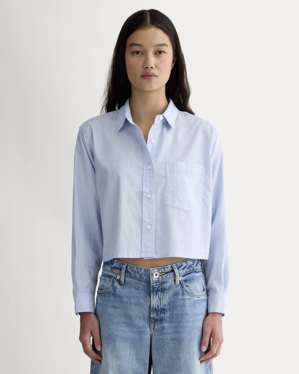 The Way-Short Shirt in Silky Cotton in Chambray Blue — front view