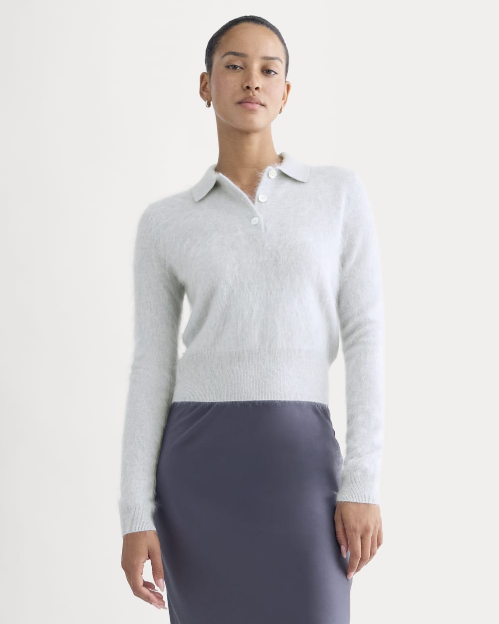Lush Cashmere Cropped Polo Sweater in Sanderling Gray — front view