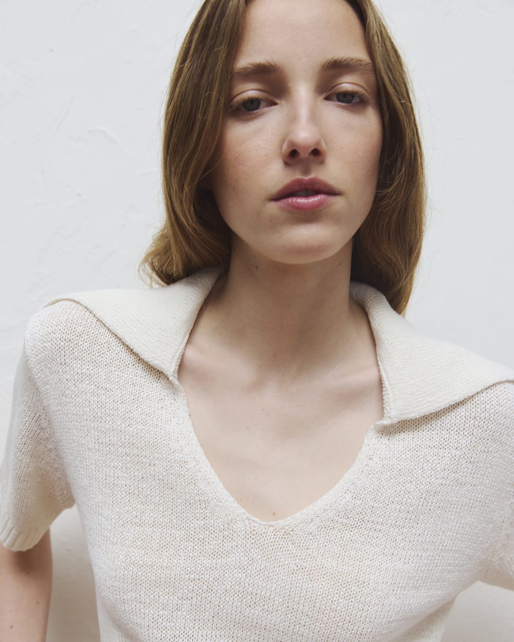 Open Collar Polo in Bone — detail view