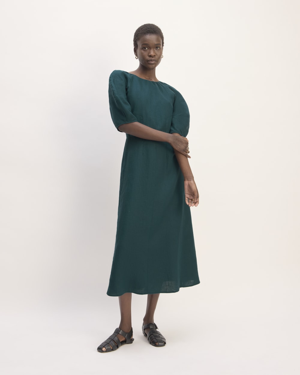 The Linen Short-Sleeve Scoop Midi Dress in Dark Sea — front view