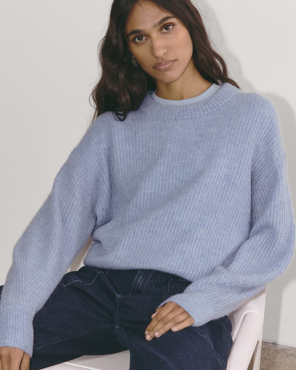 The Cocoon Crew in Alpaca in Heather Blue Slate — detail view