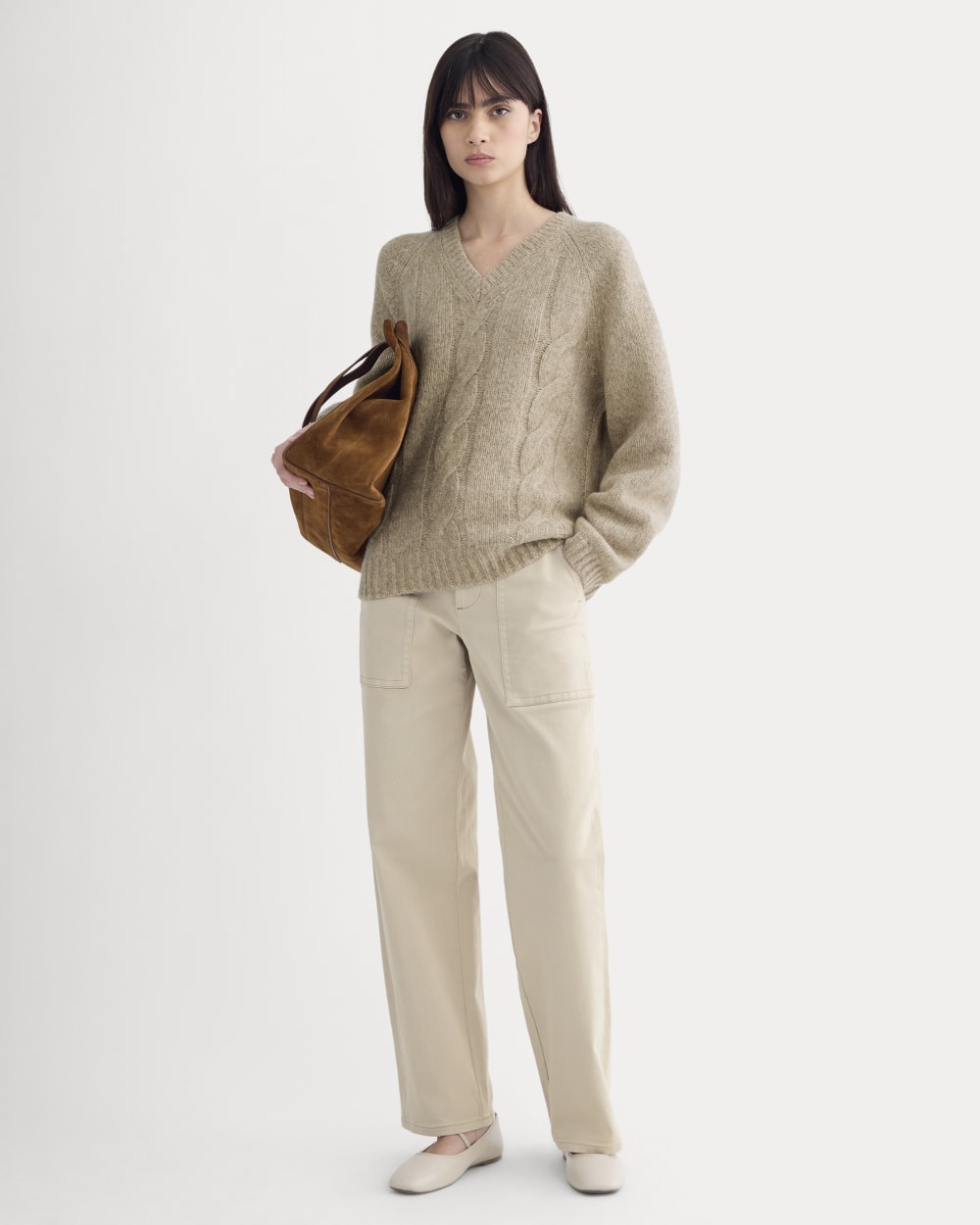 Cloud Cable V-Neck Sweater in Heathered Oatmeal — detail view