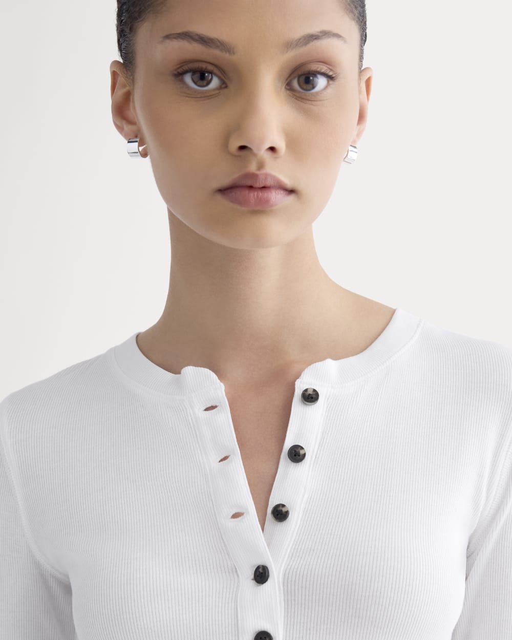 The Luxe Rib Henley in White — detail view