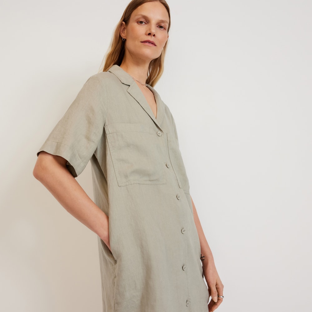 The Linen Workwear Dress in Seagrass — detail view