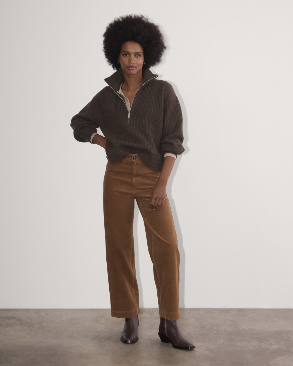The Half-Zip Sweater in Luxe Merino in Earth Brown — detail view