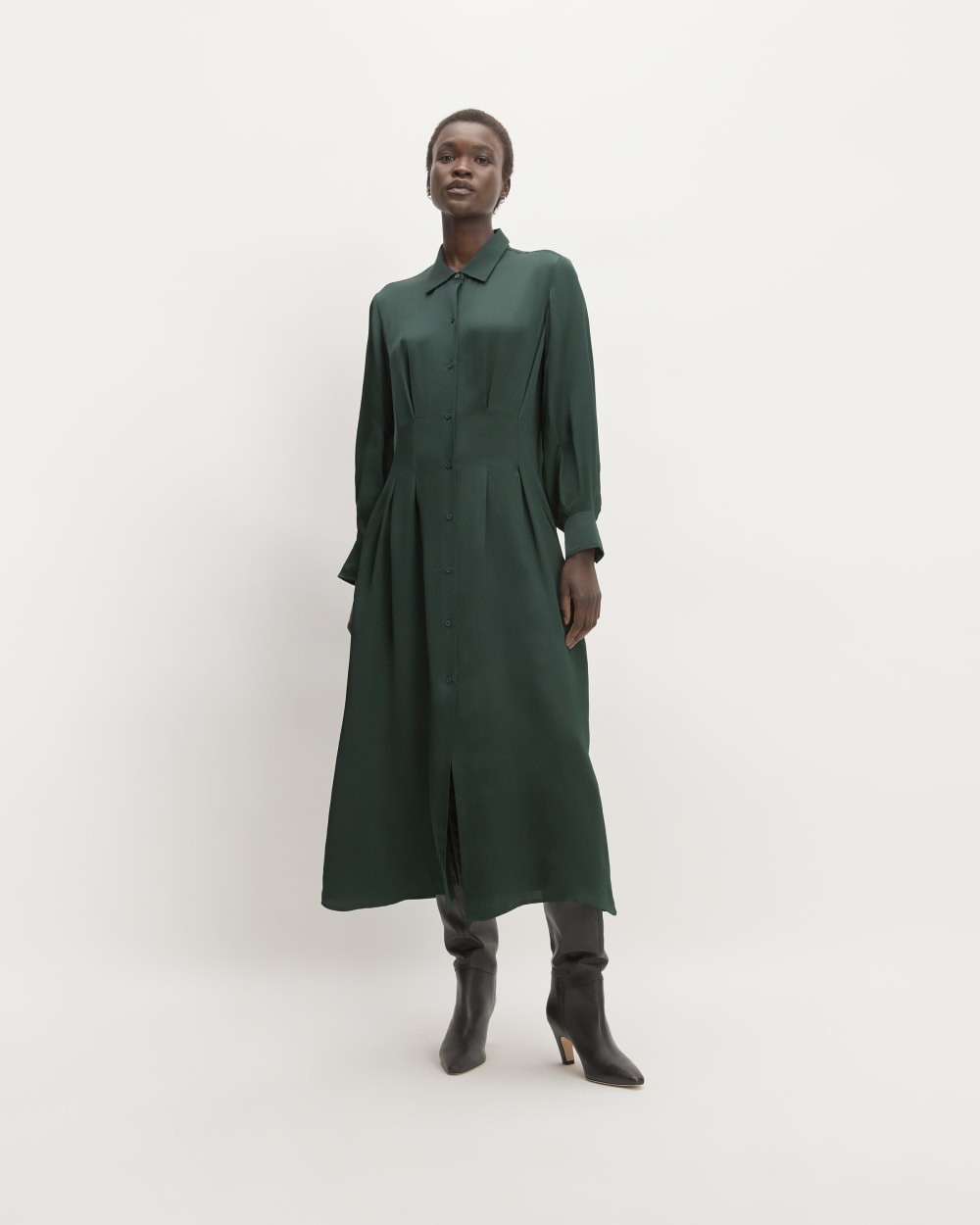 The Hammered Satin Shirt Dress in Scarab — front view
